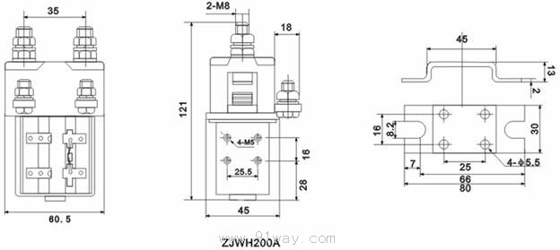 ZJWH200A型直流接触器安装尺寸