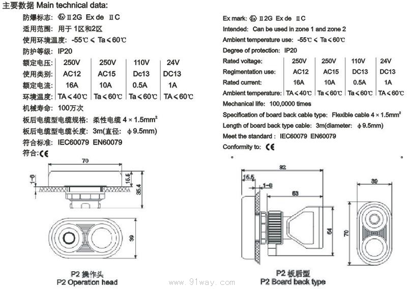 P2防爆双按钮技术参数及外形尺寸