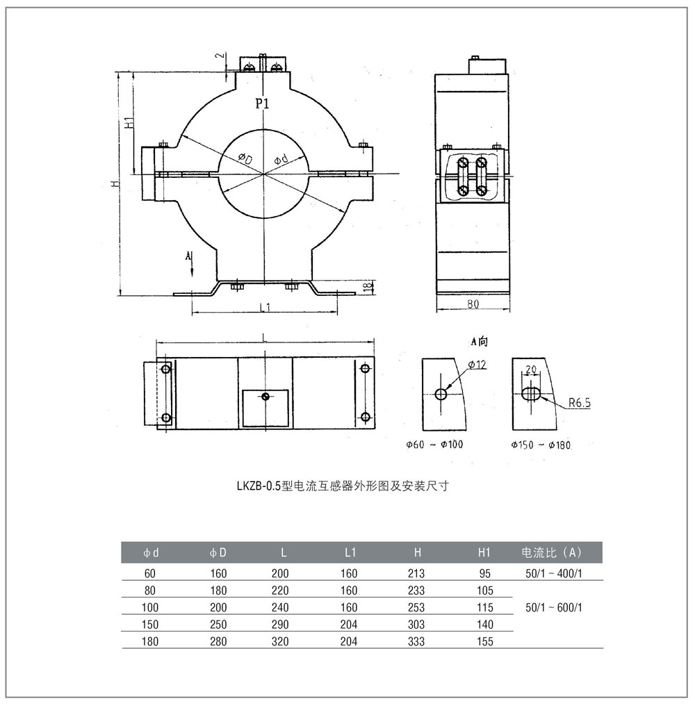 LBD,LCT-1/LKZB-0.5零序电流互感器技术参数及安装尺寸