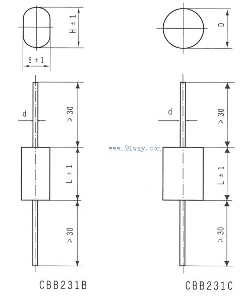 CBB231B,CBB231C介质电容器外形尺寸