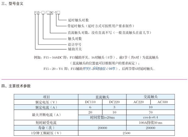 F15系列交直流辅助开关技术参数