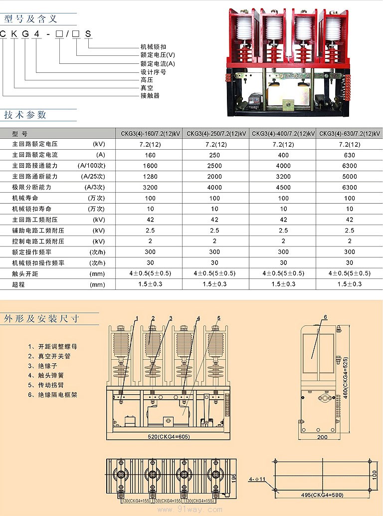 CKG3,CKG4系列四极高压真空接触器技术参数及安装尺寸