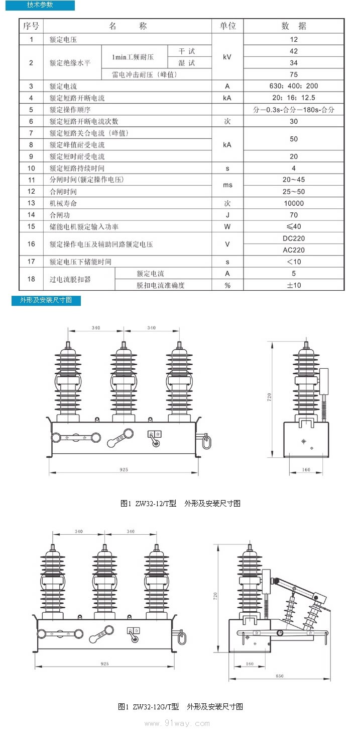 ZW32系列带隔离户外高压真空断路器技术参数表及安装尺寸图